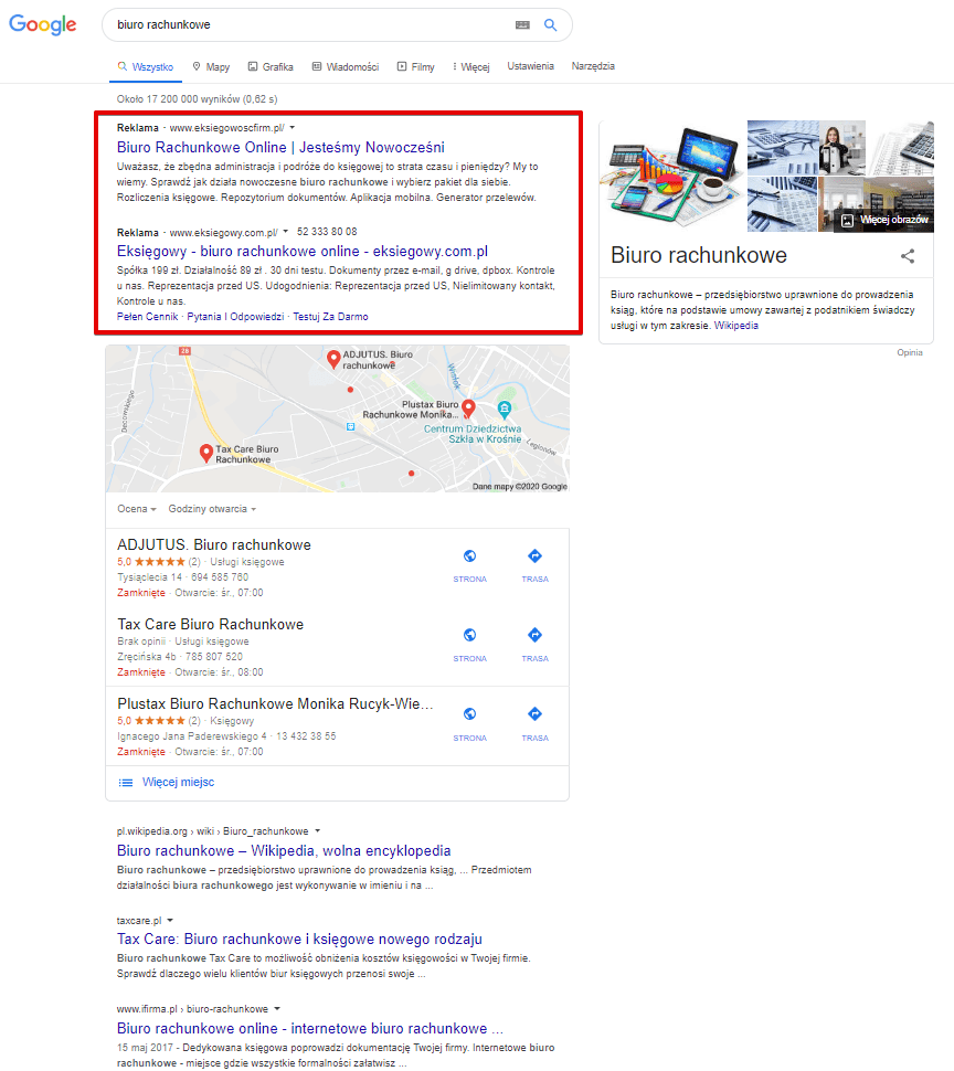 Przykład reklam PPC w wynikach wyszukiwania Google