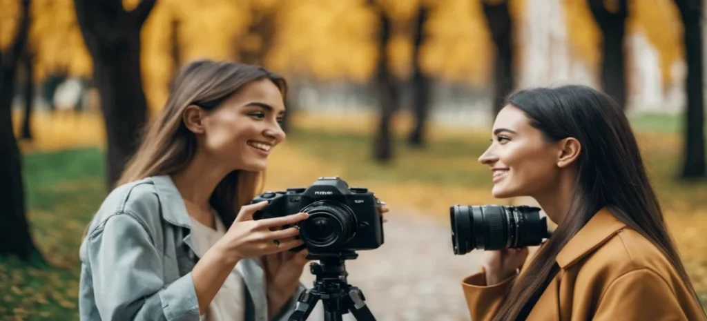 Uśmiechnięte dziewczyny z aparatami fotograficznymi